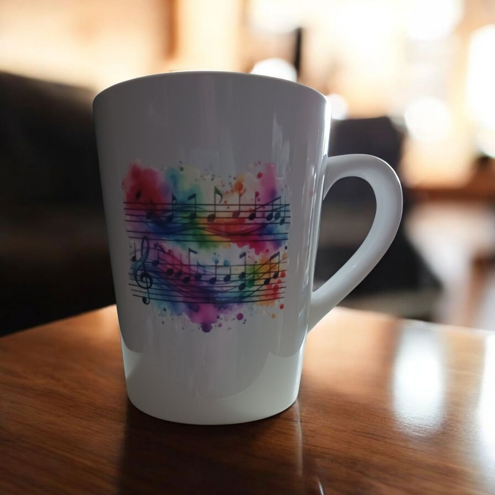 Hand Crafted White Mug with Colorful Music Design